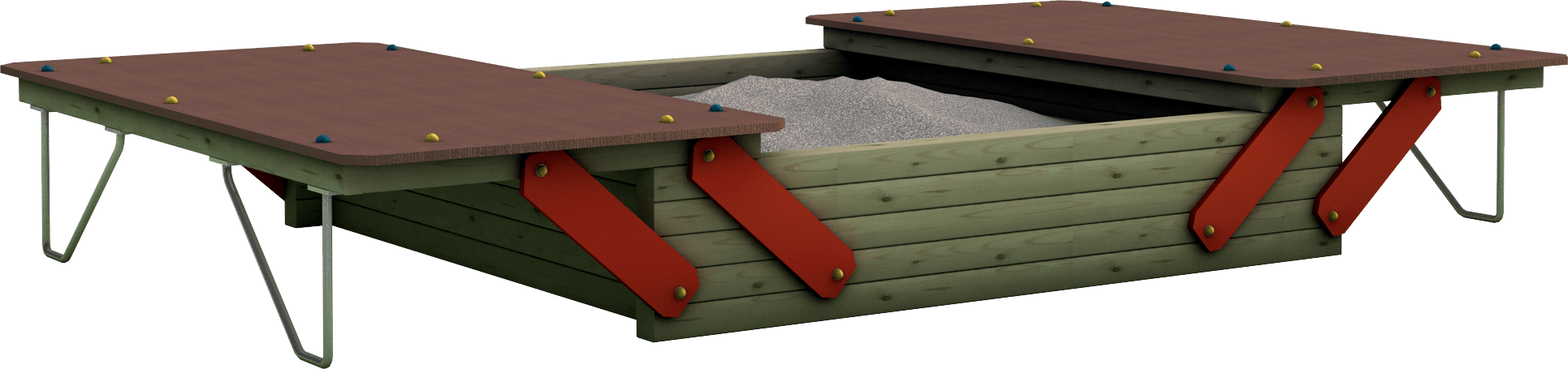 Sabbiaia gioco con coperchi per esterno in legno di pino nordico impregnato in autoclave realizzata da Linea Montanalegno - ILT