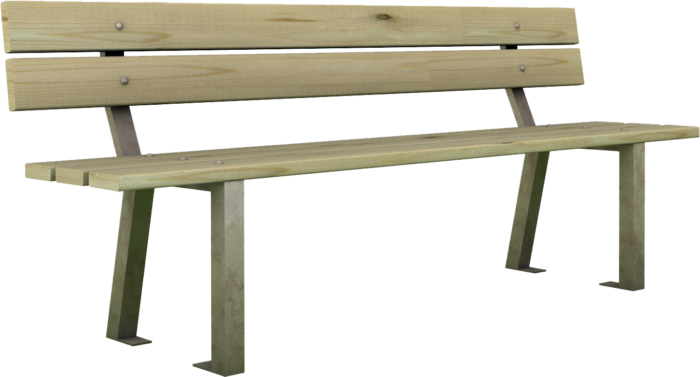 Panchina in legno di pino e basamento in acciaio zincato realizzata da Linea Montanalegno